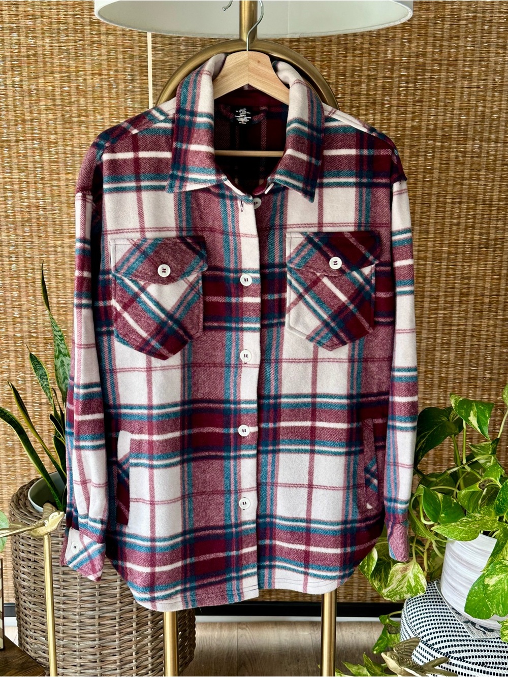 Woolx Sawyer Shacket Cranberry Cream Plaid Merino Wool Jacket Small